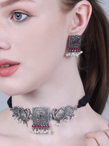 OX 9 Maroon stone square with Peacock Choker