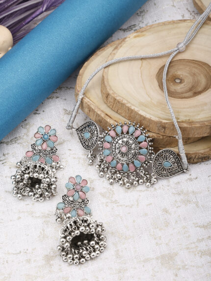 GS Pink SkyBlue Flower Round Choker
