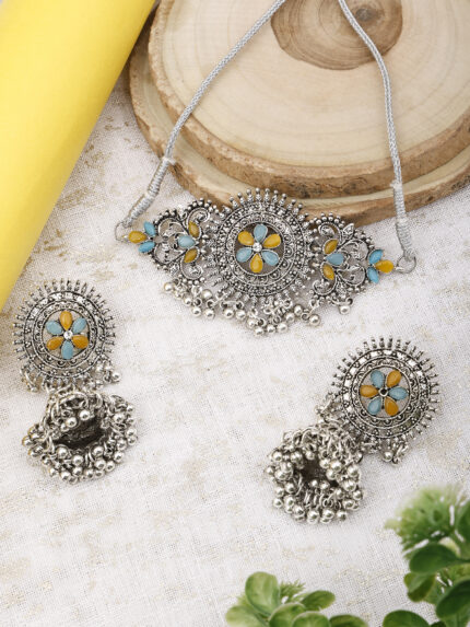 GS SkyBlue Yellow Round Center Flower Choker