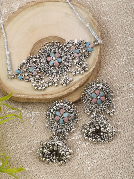 GS Pink SkyBlue Round Center Flower Choker