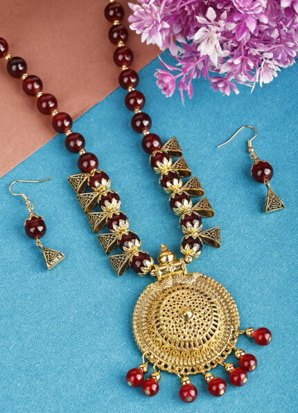 Maroon Beads Oxidised Round With dottes