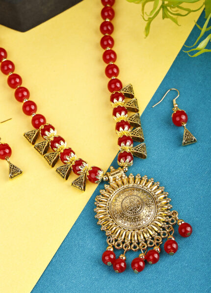 Red Oxidised Golden Round Sun Design