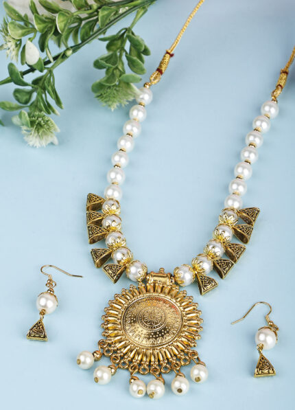 Off White Oxidised Golden Round Sun Design