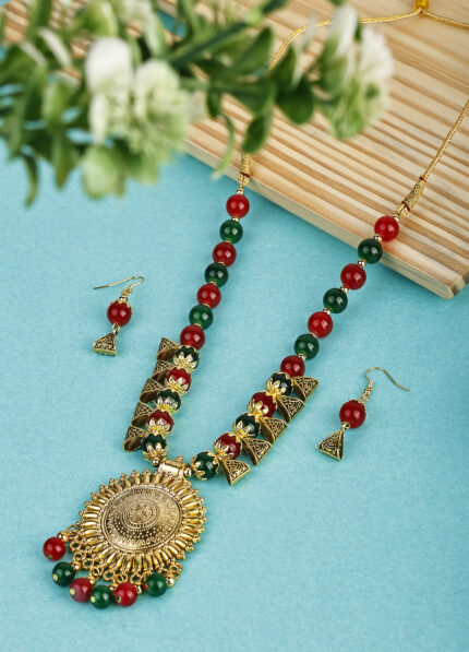 Green Maroon Beads Oxidised Round With dottes