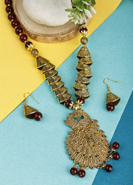 Maroon Oxidised Samosa Golden Peacock